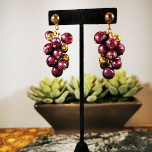 Vintage Purple and Gold Tone Grape Cluster Pierced Earrings
